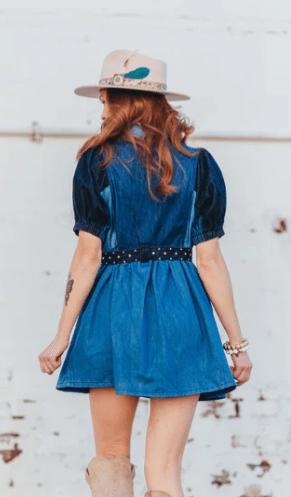 Brianna Cannon - Patchwork Denim Dress with Belt - Boutique Bella BellaBrianna Cannon