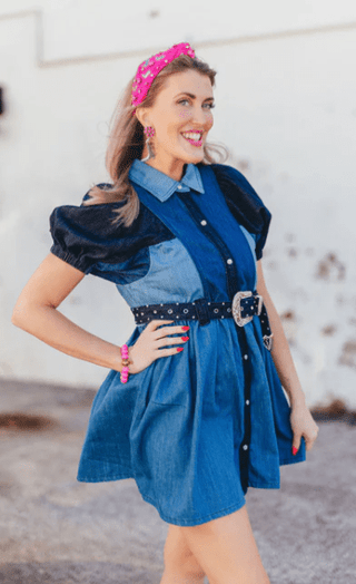 Brianna Cannon - Patchwork Denim Dress with Belt - Boutique Bella BellaBrianna Cannon