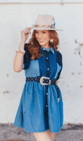 Brianna Cannon - Patchwork Denim Dress with Belt - Boutique Bella BellaBrianna Cannon