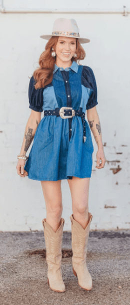 Brianna Cannon - Patchwork Denim Dress with Belt - Boutique Bella BellaBrianna Cannon