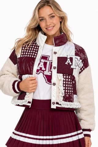 Brianna Cannon Texas A&M Patchwork Sherpa Jacket - Boutique Bella BellaJacket