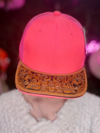 Bright Pink Tooled Leather Hat - Boutique Bella BellaBaseball Cap