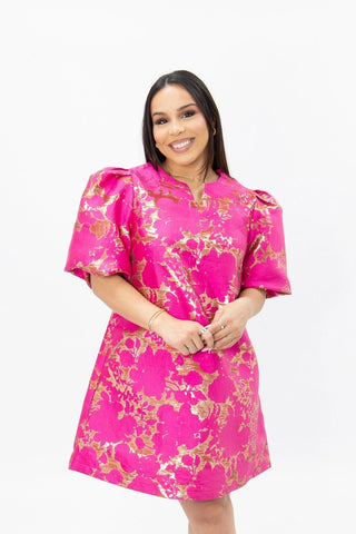 Brocade Dress W/Pockets - Hot Pink - Boutique Bella BellaDress