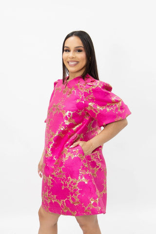 Brocade Dress W/Pockets - Hot Pink - Boutique Bella BellaDress