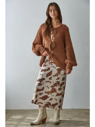 Brown Cow Print Satin Midi Skirt - Boutique Bella Bellamidi skirt