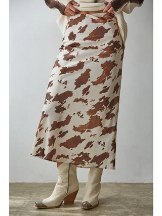 Brown Cow Print Satin Midi Skirt - Boutique Bella Bellamidi skirt