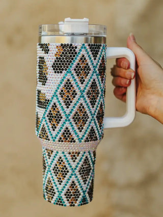 Brown Leopard Turquoise Aztec Rhinestone 40 oz. Tumbler - Boutique Bella BellaTumbler