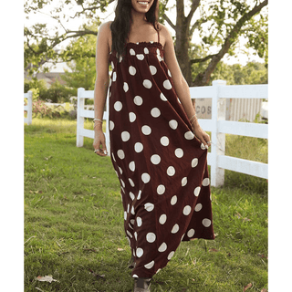 Brown Summer Polka Dot Spaghetti Strap Printed Maxi Dress - Boutique Bella BellaDress