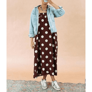 Brown Summer Polka Dot Spaghetti Strap Printed Maxi Dress - Boutique Bella BellaDress