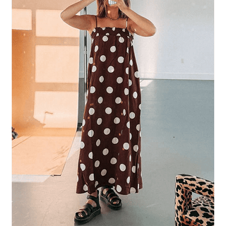 Brown Summer Polka Dot Spaghetti Strap Printed Maxi Dress - Boutique Bella BellaDress
