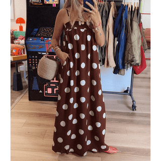 Brown Summer Polka Dot Spaghetti Strap Printed Maxi Dress - Boutique Bella BellaDress