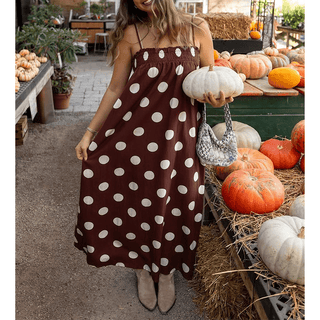 Brown Summer Polka Dot Spaghetti Strap Printed Maxi Dress - Boutique Bella BellaDress