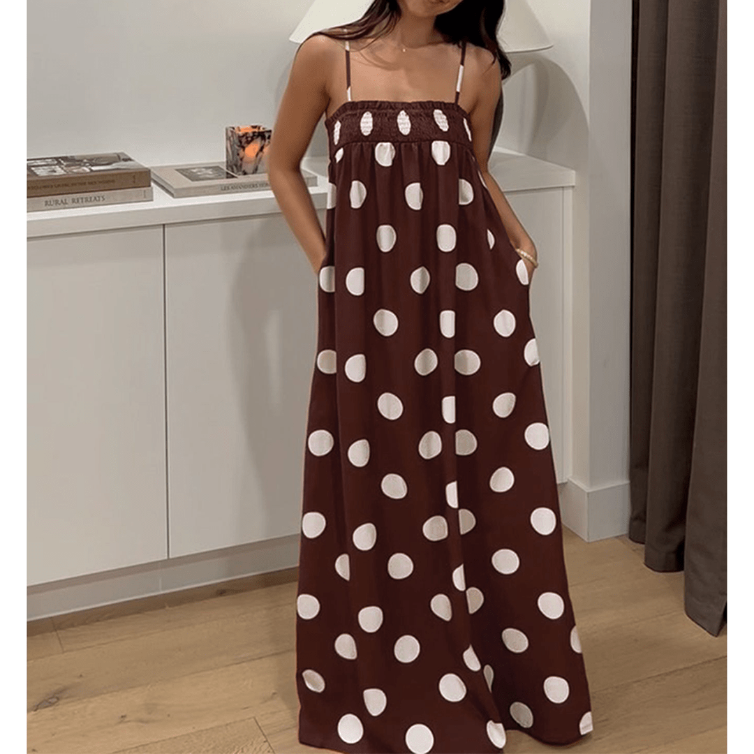 Brown Summer Polka Dot Spaghetti Strap Printed Maxi Dress M