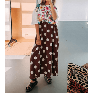 Brown Summer Polka Dot Spaghetti Strap Printed Maxi Dress - Boutique Bella BellaDress