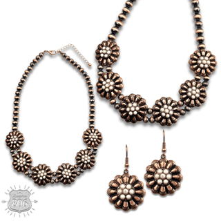 Burnished bead, stone flower necklace set, last call - Boutique Bella BellaJewelry Set
