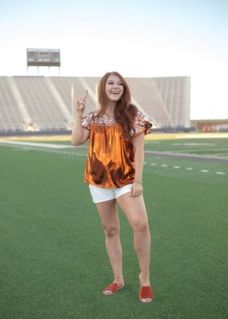 Burnt Orange Metallic Bellmont Top - Boutique Bella Bellatop