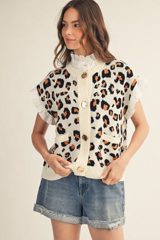 Button Down Leopard Sweater Vest - Boutique Bella BellaVest