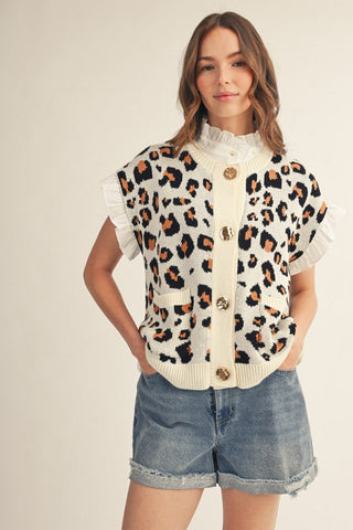 Button Down Leopard Sweater Vest - Boutique Bella BellaVest