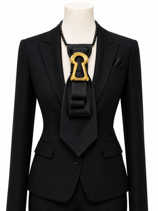 Custom Necktie Necklace-Black Satin w Keyhole Brooch