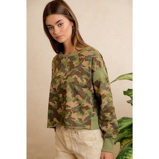 CAMO JERSEY OPEN BACK LONG SLEEVES TOP - Boutique Bella BellaTop