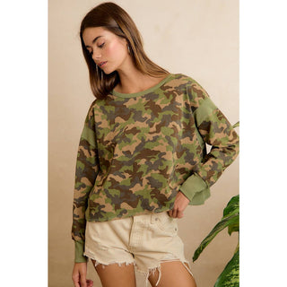 CAMO JERSEY OPEN BACK LONG SLEEVES TOP - Boutique Bella BellaTop