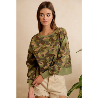 CAMO JERSEY OPEN BACK LONG SLEEVES TOP - Boutique Bella BellaTop