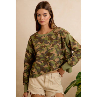 CAMO JERSEY OPEN BACK LONG SLEEVES TOP - Boutique Bella BellaTop