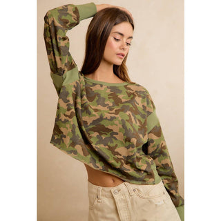 CAMO JERSEY OPEN BACK LONG SLEEVES TOP - Boutique Bella BellaTop