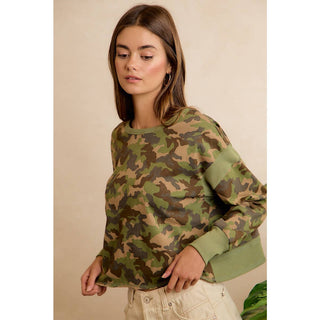 CAMO JERSEY OPEN BACK LONG SLEEVES TOP - Boutique Bella BellaTop