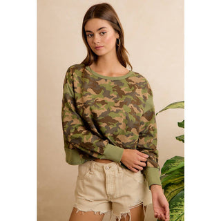 CAMO JERSEY OPEN BACK LONG SLEEVES TOP - Boutique Bella BellaTop