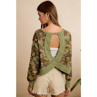 CAMO JERSEY OPEN BACK LONG SLEEVES TOP - Boutique Bella BellaTop