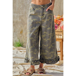 CAMOUFLAGE DENIM RUFFLED HEM MID RISE BLOOMER PANTS - Boutique Bella Bella