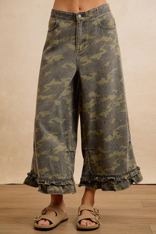 CAMOUFLAGE DENIM RUFFLED HEM MID RISE BLOOMER PANTS - Boutique Bella Bella