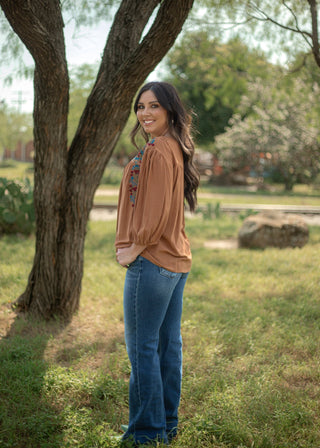 Caramel Shirt W/ Embroidered Floral Print - Boutique Bella Bellashirt