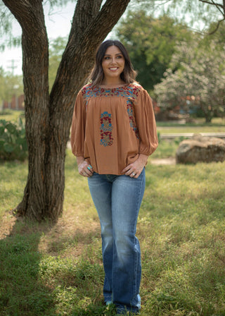 Caramel Shirt W/ Embroidered Floral Print - Boutique Bella Bellashirt