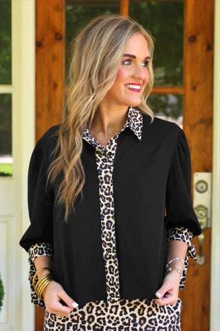 Cassidy Tie Sleeve Top - Black Leopard - Boutique Bella BellaBlouse