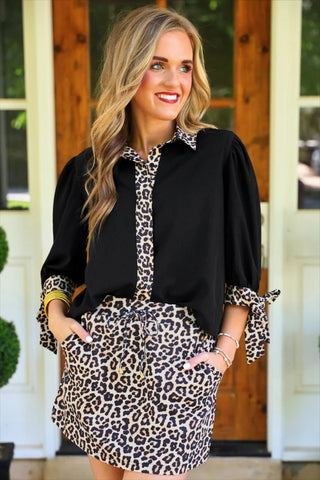 Cassidy Tie Sleeve Top - Black Leopard - Boutique Bella BellaBlouse