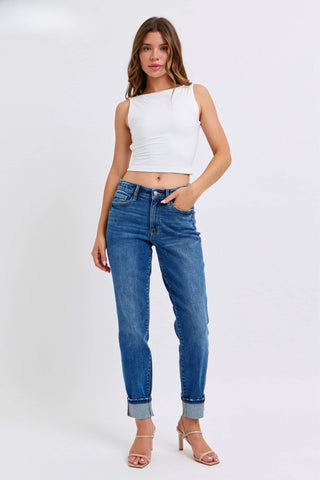 Casual Cuff Boyfriend Jeans - Boutique Bella Bella