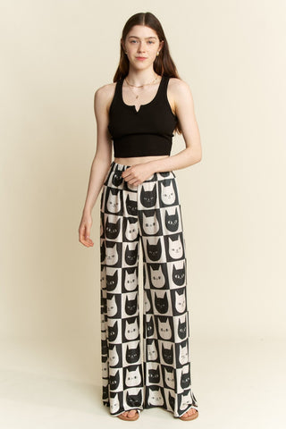 Cat Face Print Wide Pants - Boutique Bella BellaPants