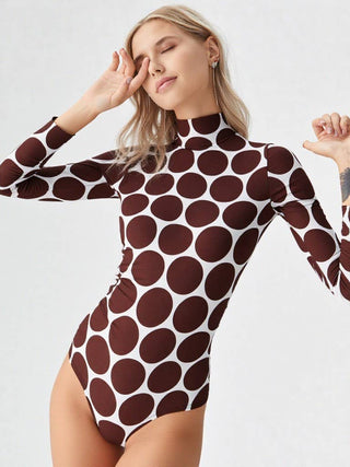Brown & White Print Mock Neck Bodysuit