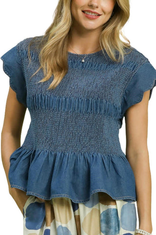 Chambray Smocked Peplum Top - Boutique Bella BellaTops