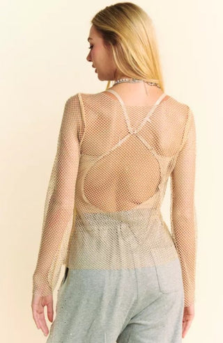 Champane Sparkling Diamante Detail Sheer Mesh Mock Neck Top - Boutique Bella BellaTops