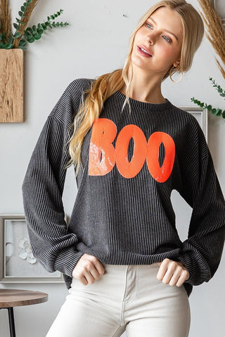 Charcoal Sequin BOO Ribbed Long Sleeve Top - Boutique Bella Bellatop