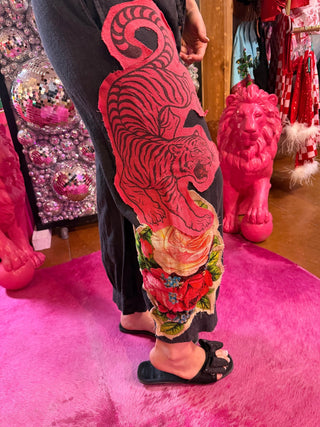 Charcoal Tiger Appliqué Drawstring Waist Pants - Boutique Bella BellaBottoms