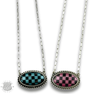 Checkerboard print oval pendant necklace - Boutique Bella BellaNecklaces