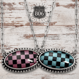 Checkerboard print oval pendant necklace - Boutique Bella BellaNecklaces