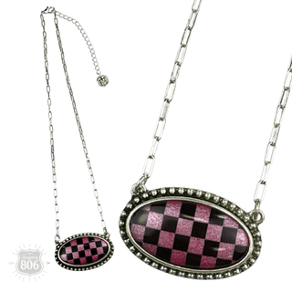Checkerboard print oval pendant necklace - Boutique Bella BellaNecklaces