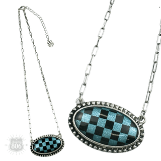 Checkerboard print oval pendant necklace - Boutique Bella BellaNecklaces