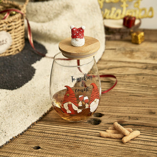 Christmas Gnome Wine Water Glasses With Dwarf Wood Cover Set Of 2 17 5OZ Santa Holiday Festive Gnome - Boutique Bella Bella