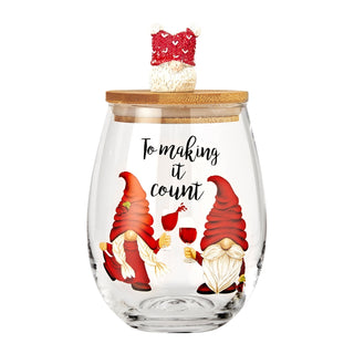 Christmas Gnome Wine Water Glasses With Dwarf Wood Cover Set Of 2 17 5OZ Santa Holiday Festive Gnome - Boutique Bella Bella